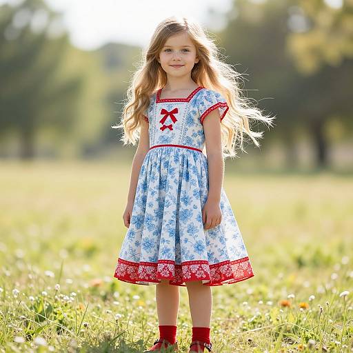 Sunlit Blonde Girl in Floral Dress