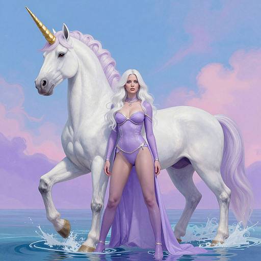 Digital artwork of a white-haired woman in a revealing purple outfit standing beside a white unicorn in a splashy ocean under a pink and blue sky.