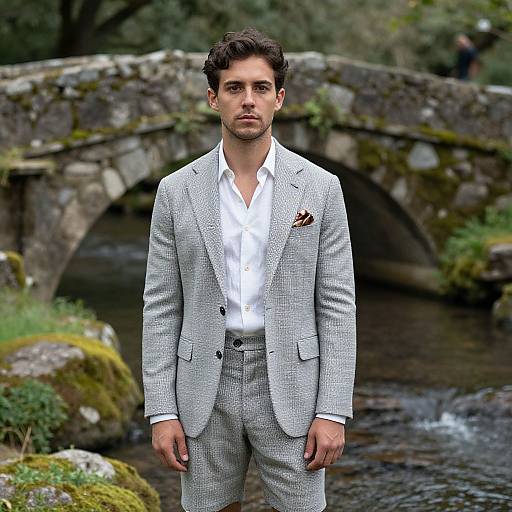 Photograph of a handsome man with dark curly hair, wearing a light gray checkered suit, white shirt, and pocket square, standing in front of