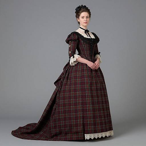 Victorian Burgundy Plaid Gown Woman