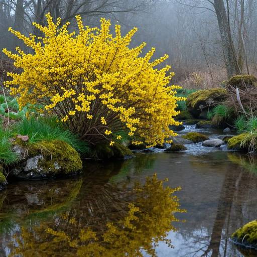 Photograph of a vibrant yellow bush with reflective water, moss-covered rocks, and bare trees in a misty forest stream.