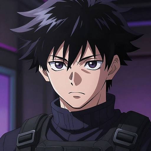 Anime-style digital drawing of a serious, black-haired young man with spiky hair, wearing a black turtleneck and tactical vest, set against a