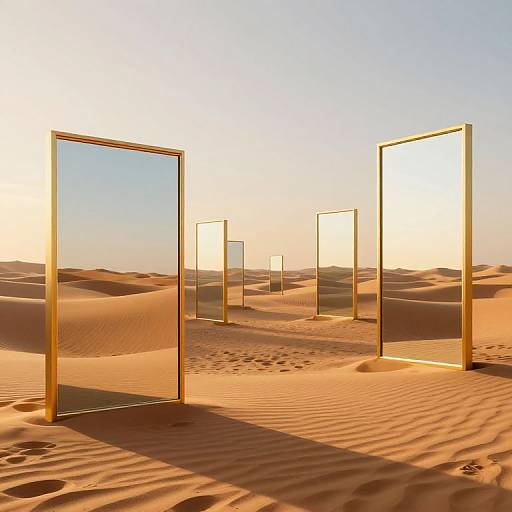 Photorealistic CGI of five golden-framed glass panels standing in a sunlit, sandy desert with rippled dunes and a clear blue sky.