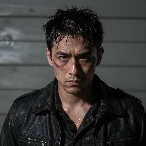 Determined Wet Man with Black Jacket