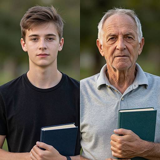 Photograph of a young boy and an elderly man, side by side, both holding black books, wearing casual shirts, outdoors.