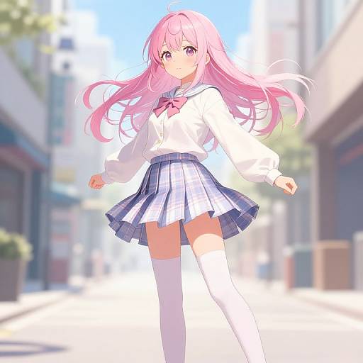 Anime Girl in Sunlit City Street