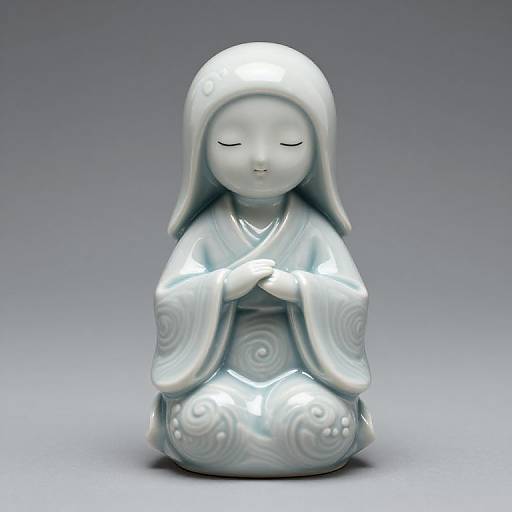 Photograph of a silver-toned, smooth, ceramic Buddha statue with closed eyes, hands in prayer, and swirling patterns on robe, seated cross-legged