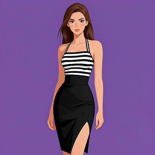 Digital anime-style drawing of a brunette woman with fair skin, wearing a black and white striped halter top and high-waisted black skirt with a