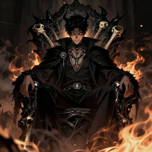 Digital anime artwork of a dark-haired, smirking man with red eyes, wearing black fur and skull-adorned robes, seated on a fiery