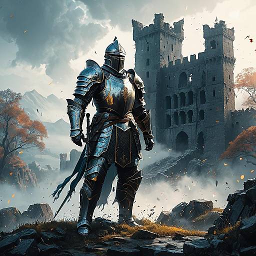 Armored Knight Standing by Ruined Castle