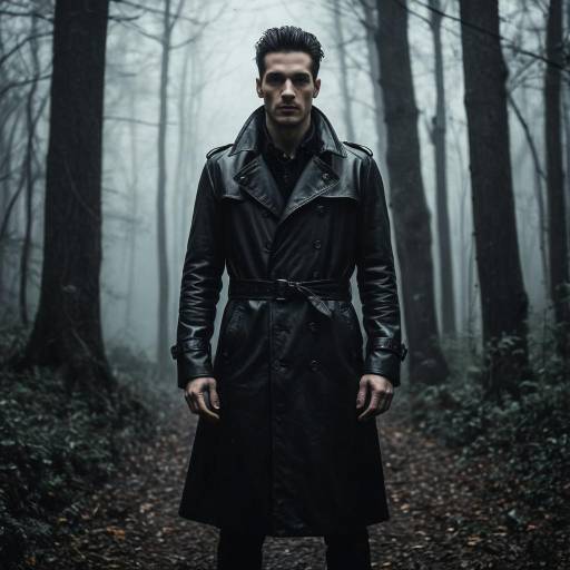 Man in Black Leather Trench Coat in Foggy Forest