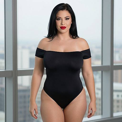 Photograph of a curvy woman with long black hair, red lipstick, and black off-shoulder bodysuit, standing in front of large