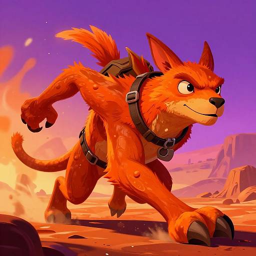 Vibrant digital illustration of an energetic, orange-furred, muscular dog with black harness sprinting across a desert landscape at sunset, surrounded by fiery