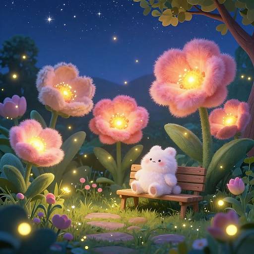 Whimsical digital artwork of a fluffy white bear sitting on a wooden bench amidst glowing pink, furry flowers under a starry night sky.