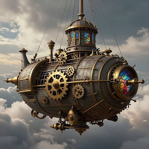 Steampunk airship with brass gears, stained glass windows, and intricate metalwork, suspended mid-air against a cloudy sky. Digital art.