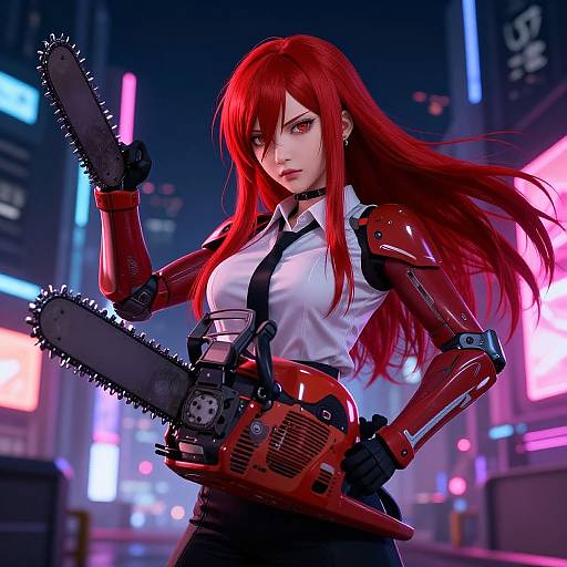 Digital art of a red-haired cybernetic woman with glowing red eyes, holding a chainsaw in a neon-lit cityscape, wearing a white