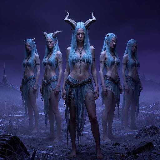 Digital art: Five blue-haired, horned, topless female demons with fringe skirts, standing in misty, dark blue-tinted landscape,