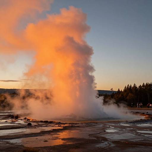 Photograph of a dramatic geothermal eruption with bright orange and white steam, set against a clear blue sky and dark forest.