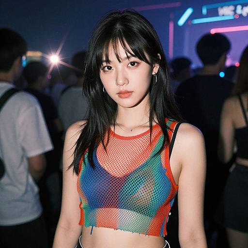 Photograph of an East Asian woman with black hair, wearing a colorful mesh crop top, standing in a dimly lit, crowded nightclub with neon lights