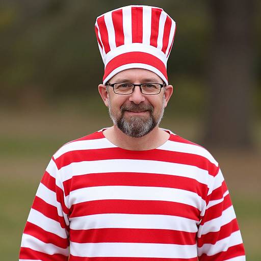 Photograph of a smiling middle-aged man with glasses, beard, red-and-white striped hat and shirt, standing outdoors, blurred background.