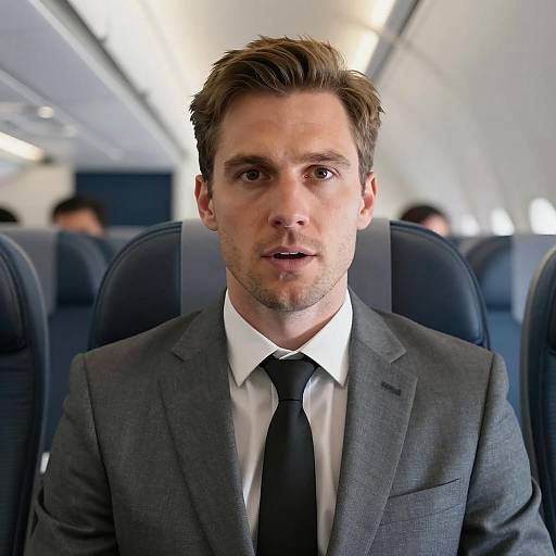 Focused Man in Airplane Seat Close-Up
