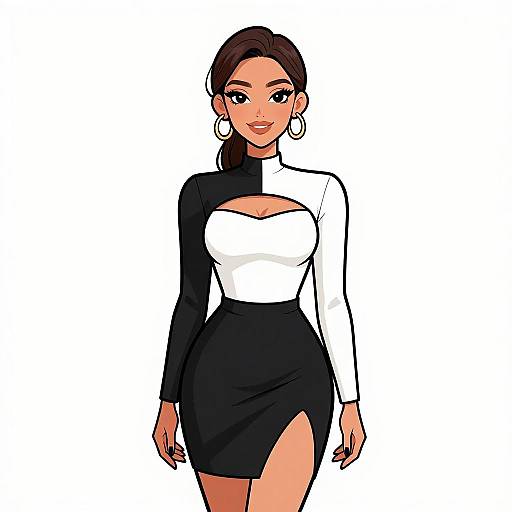 Digital illustration of a confident woman with light brown skin and dark brown hair, wearing a black and white long-sleeve dress with a high slit,