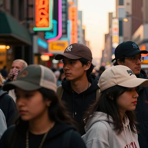 Photograph of diverse crowd in urban street at night, neon signs illuminate background; Asian men and women in baseball caps and hoodies, serious expressions,