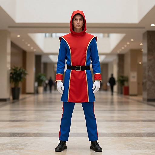 Photograph of a man in a red and blue medieval-style hooded robe, white gloves, black belt, and black shoes, standing in a brightly