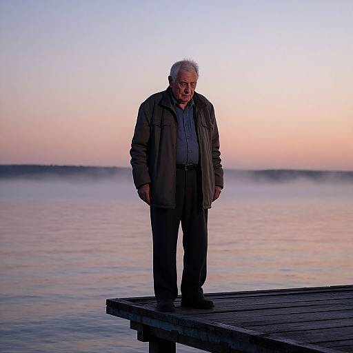 Photograph of an elderly man with white hair standing on a wooden pier at dawn, wearing a brown jacket and dark pants, overlooking a misty,
