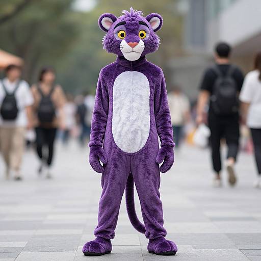 Photograph of a person wearing a purple and white furry lion costume with yellow eyes, standing in a busy urban plaza. Blurred pedestrians in the background
