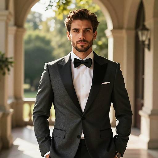 Photograph of a handsome, bearded man with wavy brown hair, wearing a black tuxedo with white shirt and black bow tie, standing