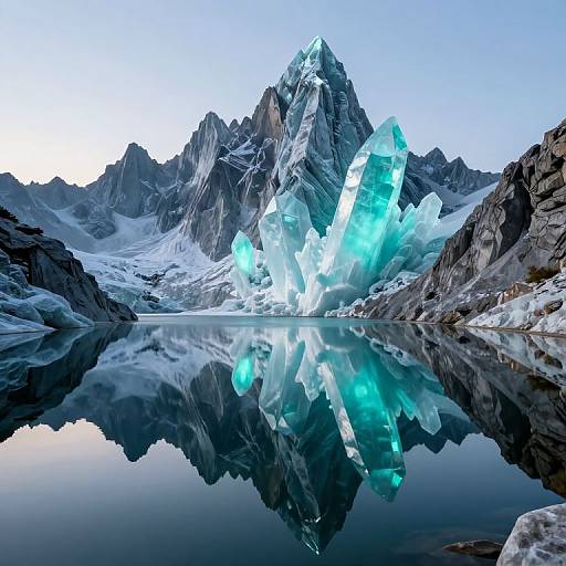 Surreal Lake with Glowing Teal Peaks