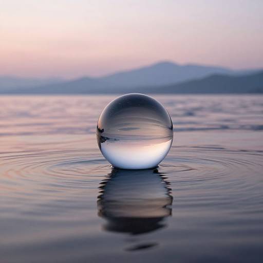 Photograph of a clear glass sphere floating on calm water at sunset, reflecting mountains and sky, with gentle ripples.