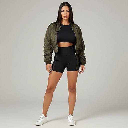 Photograph of a confident woman with long black hair, olive green jacket, black crop top, and high-waisted shorts, standing against a plain