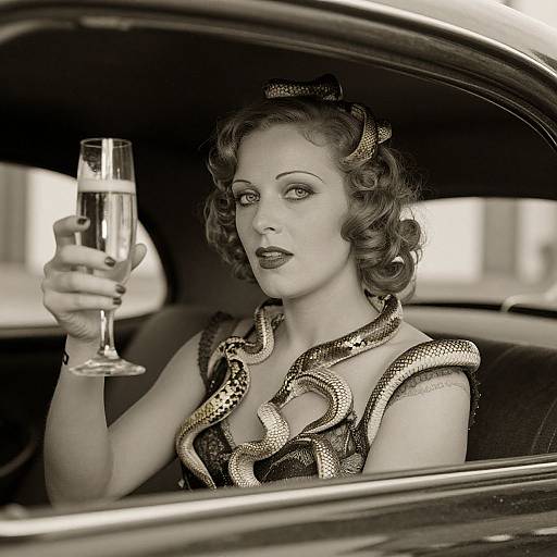 Vintage-style photograph of a fair-skinned woman with curly hair, wearing a gold and black snakeskin dress, holding a champagne glass, sitting in a