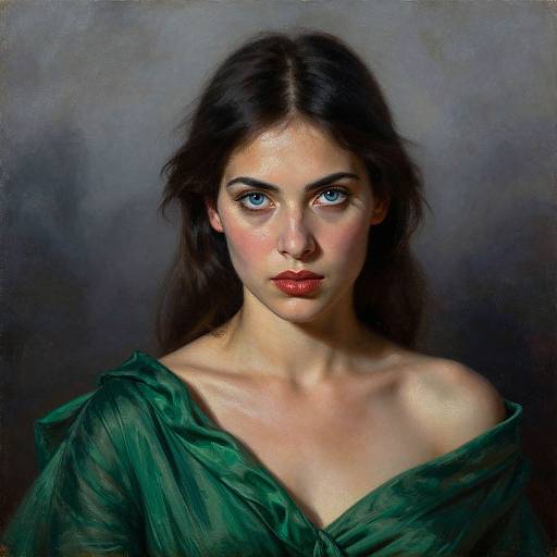 Digital portrait of a pale-skinned woman with striking blue eyes, dark brown hair, red lips, and an off-shoulder green dress, set
