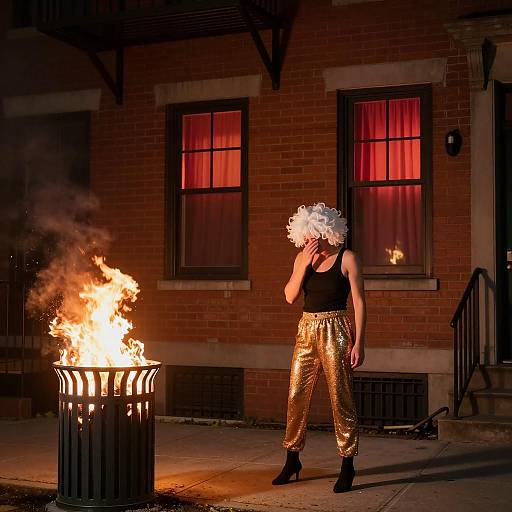 Night Scene with Curly Hair and Fire