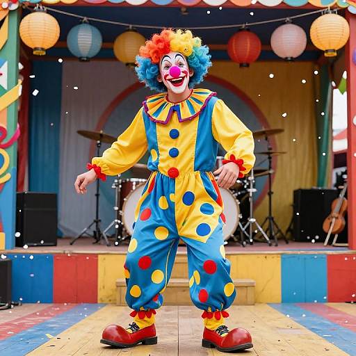 Vibrant clown with colorful wig, red nose, yellow-blue polka-dot outfit, and red shoes, dancing on stage with colorful lights and lantern