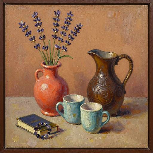 Impasto Oil Painting Still Life with Vase, Mugs, and Pitcher