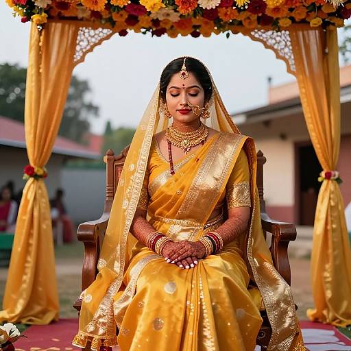 Photograph of a South Asian bride in a golden saree, adorned with jewelry, sitting under a floral arch, eyes closed, in an outdoor ceremony