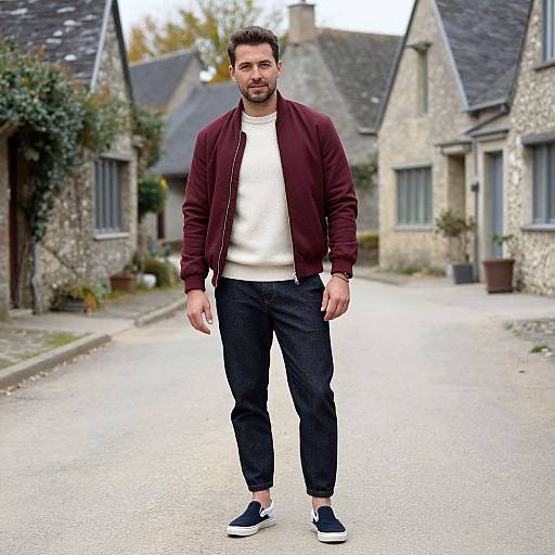 Photograph of a bearded man with short dark hair, wearing a maroon jacket, white sweater, black jeans, and navy sneakers, standing in