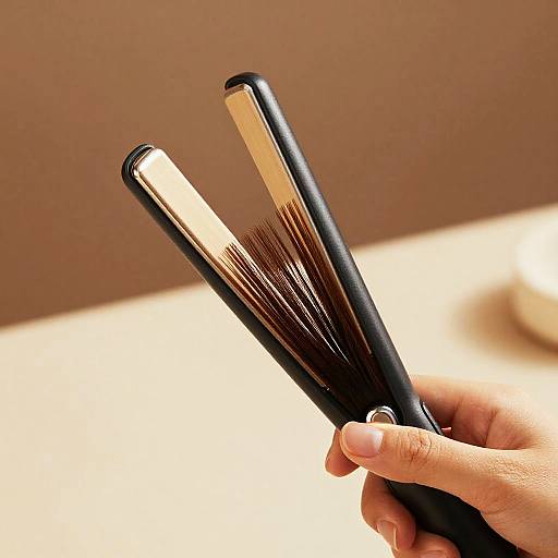 Close-up photograph of a hand holding an open black comb with shiny metal tips and numerous fine bristles. Blurred beige background.