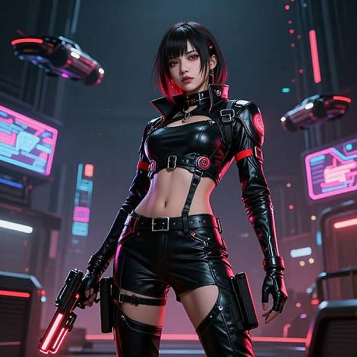 CGI cyberpunk image of an Asian woman with black leather outfit, midriff exposed, holding a neon-red gun in a neon-lit city