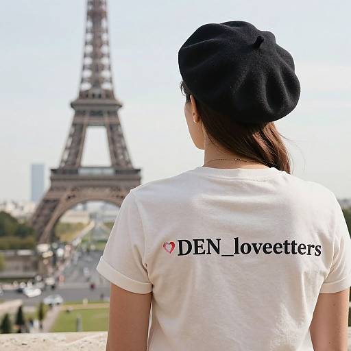 Photograph of a woman in a black beret and white t-shirt with 