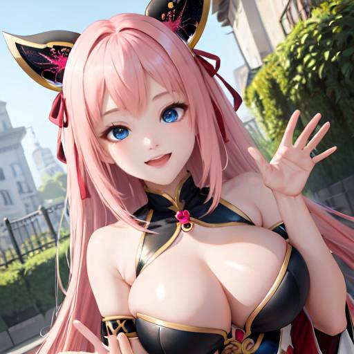 Anime-style digital illustration of a surprised pink-haired girl with blue eyes, large breasts, wearing a navy and white uniform, waving against a bright blue sky