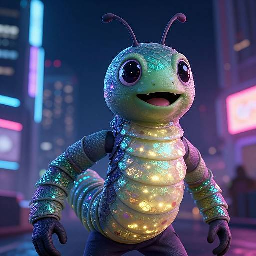 CGI image of a glowing, colorful, anthropomorphic insect character with large eyes, antennae, and segmented body, standing in a neon-lit