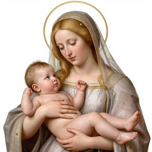 Digital painting of a serene Madonna with blonde hair, halo, holding a chubby, naked baby Jesus, both adorned in delicate, silver robes.