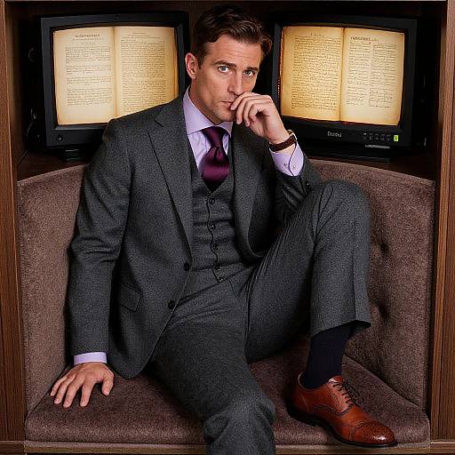 Photograph of a handsome man in a dark gray suit, white shirt, and maroon tie, sitting on a brown couch, with two CRT monitors