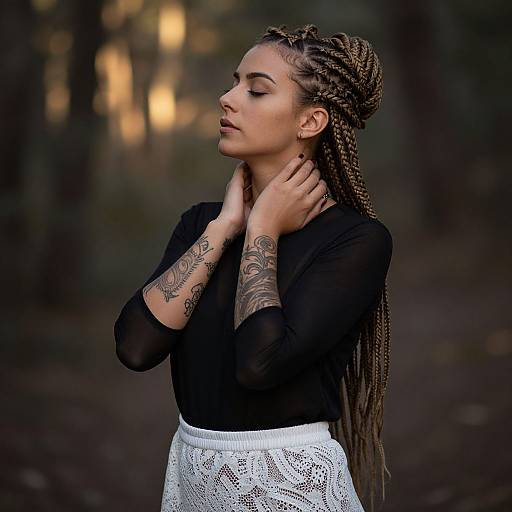 Photograph of a woman with braided hair, black long-sleeve top, and white lace skirt, standing in a forest, hands on neck