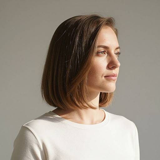 Photograph of a young woman with straight brown bob haircut, light skin, wearing a white top, gazing to the right, against a gray background